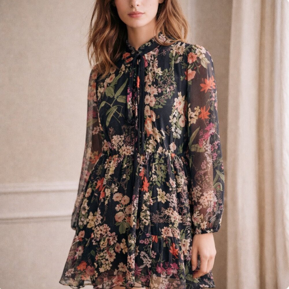 Melonie T Floral Ruffle Dress Size 6 | Whimsigoth Fairycore Sheer Sleeve‎ Dress